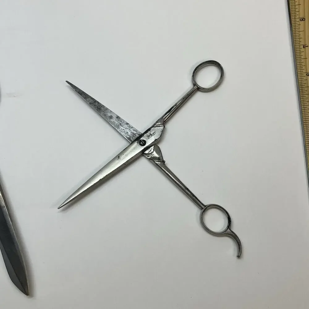 Vintage Boker Hair Shears and Industrial Tailor Scissors Bundle 2pc Silver Black